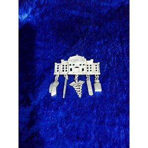 Vintage Signed JJ Jonette Pewter Hospital Pin featuring 5 Dangling Charms
